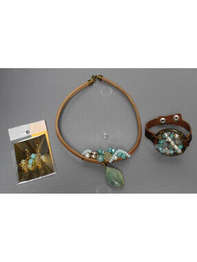 Set of Earrings, Necklace, and Bracelet Turquoise Leather Handmade NEW